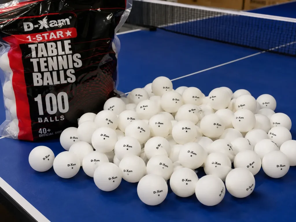 Bulk pile of D-Xam 1-star budget ping pong balls