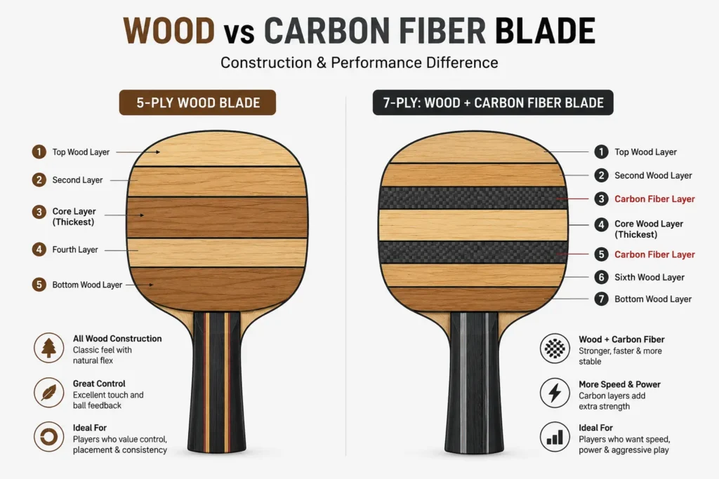 Diagram comparing wood blade layers versus carbon fiber blade layers