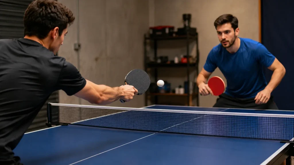 Two players using carbon fiber and wood paddles during a rally