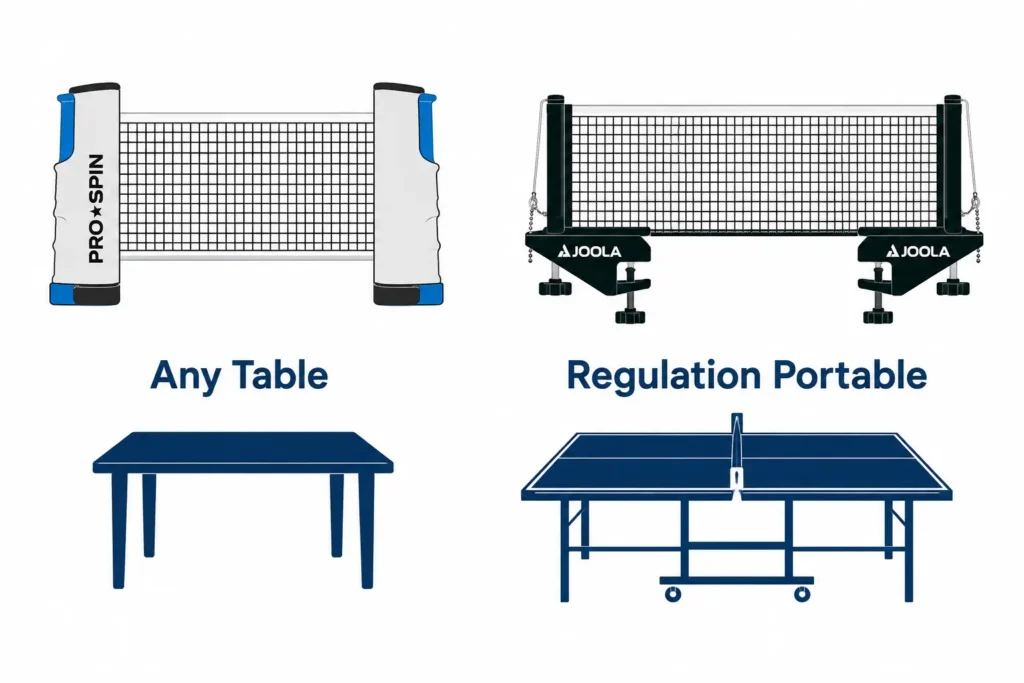 PRO-SPIN retractable net versus JOOLA regulation portable net comparison icons